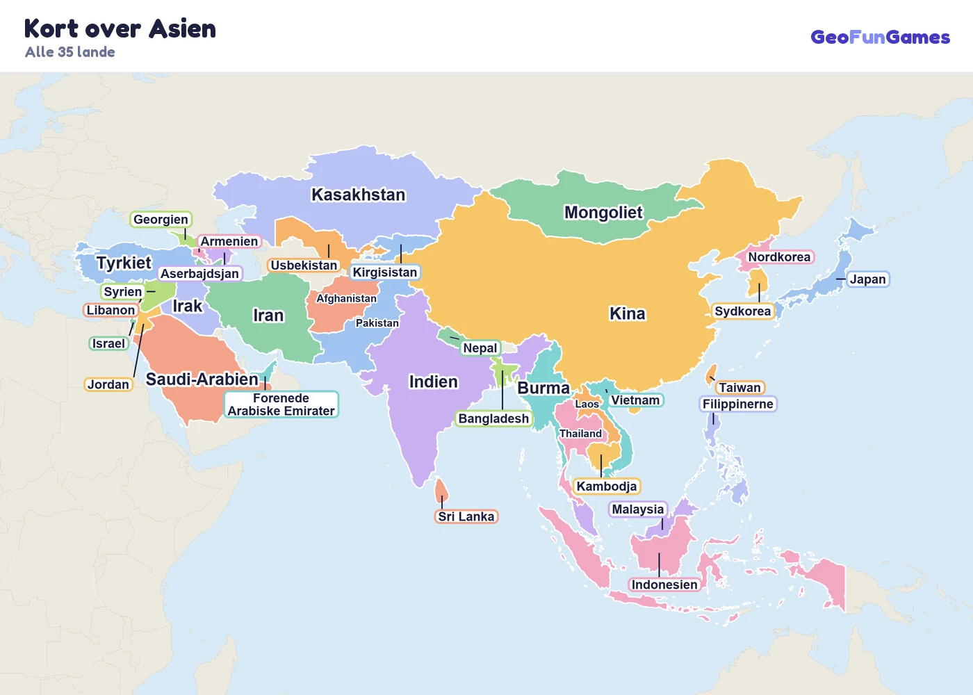 Kort over Asien med landenes navne: Kina, Indien, Japan, Sydkorea, Nordkorea, Mongoliet, Indonesien, Pakistan, Bangladesh, Nepal, Sri Lanka, Afghanistan, Kasakhstan, Usbekistan, Saudi-Arabien, Iran, Irak, Tyrkiet, Syrien, Jordan, Israel, Libanon, Thailand, Vietnam, Filippinerne, Malaysia, Burma, Kambodja, Laos, Taiwan, Georgien, Armenien, Aserbajdsjan, Forenede Arabiske Emirater, Kirgisistan