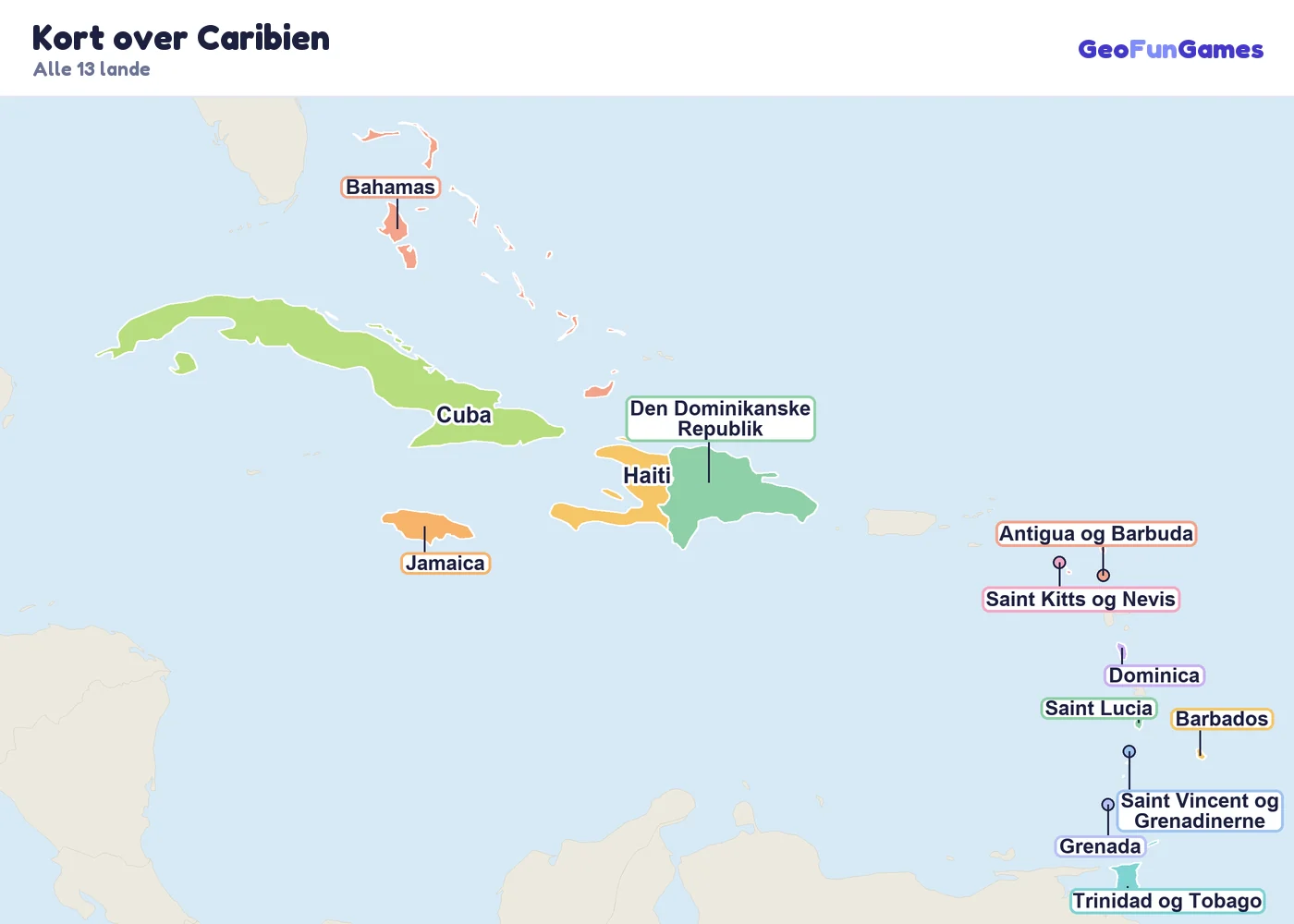 Kort over Caribien med landenes navne: Cuba, Jamaica, Haiti, Den Dominikanske Republik, Bahamas, Trinidad og Tobago, Barbados, Saint Lucia, Grenada, Saint Vincent og Grenadinerne, Dominica, Antigua og Barbuda, Saint Kitts og Nevis