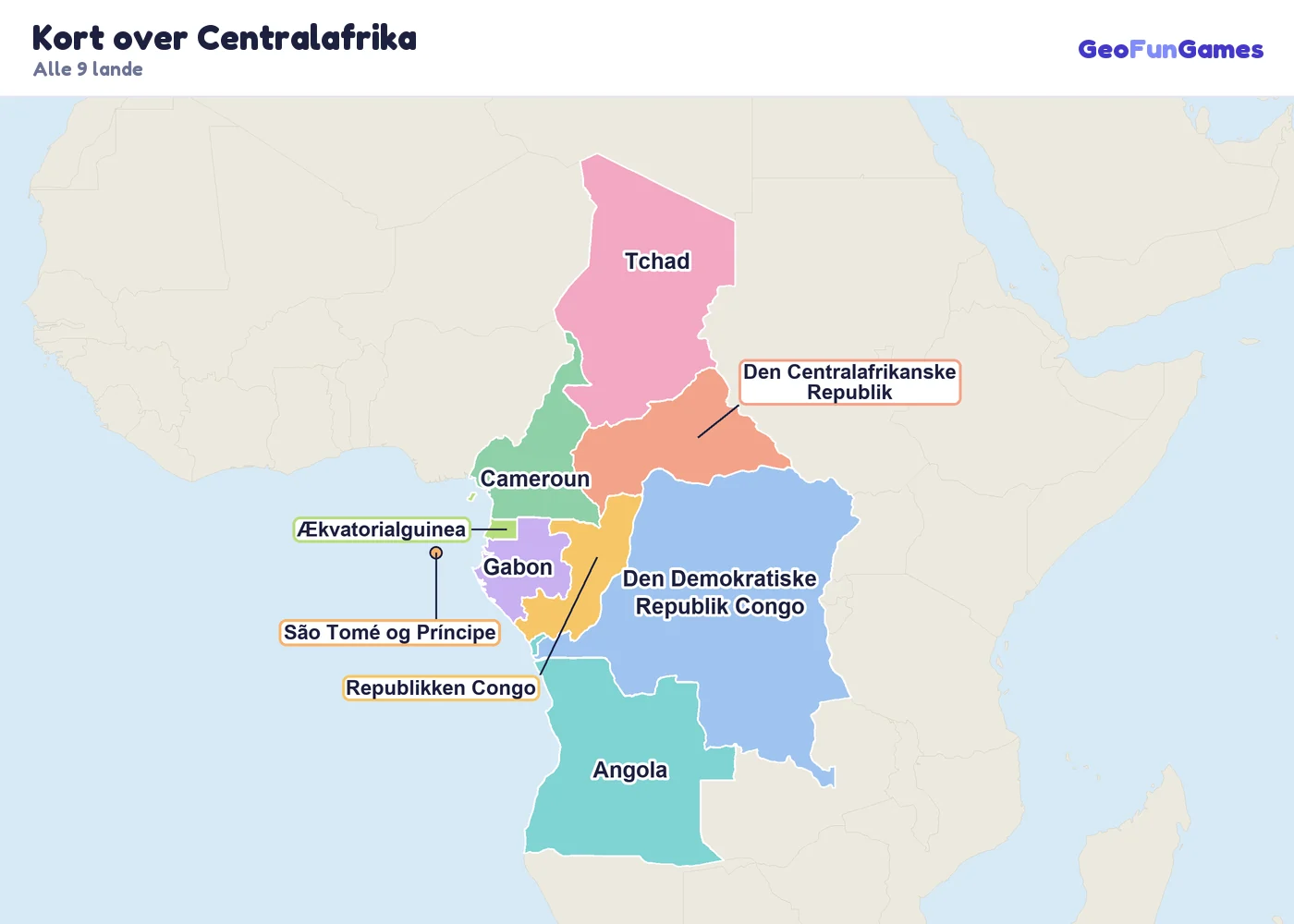 Kort over Centralafrika med landenes navne: Cameroun, Den Centralafrikanske Republik, Tchad, Den Demokratiske Republik Congo, Republikken Congo, Ækvatorialguinea, Gabon, São Tomé og Príncipe, Angola
