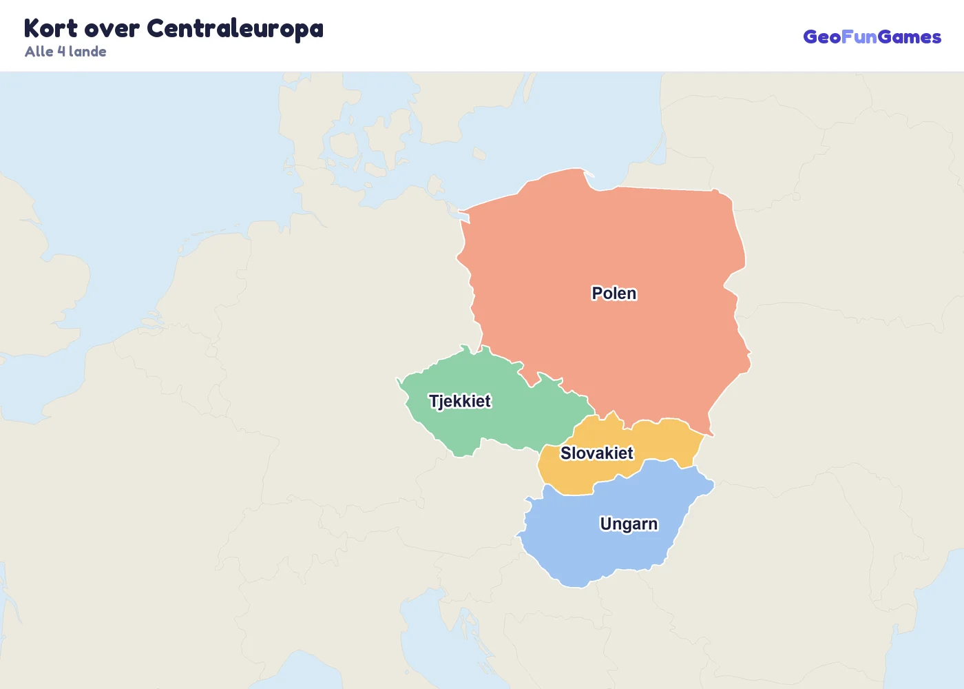 Kort over Centraleuropa med landenes navne: Tjekkiet, Ungarn, Polen, Slovakiet