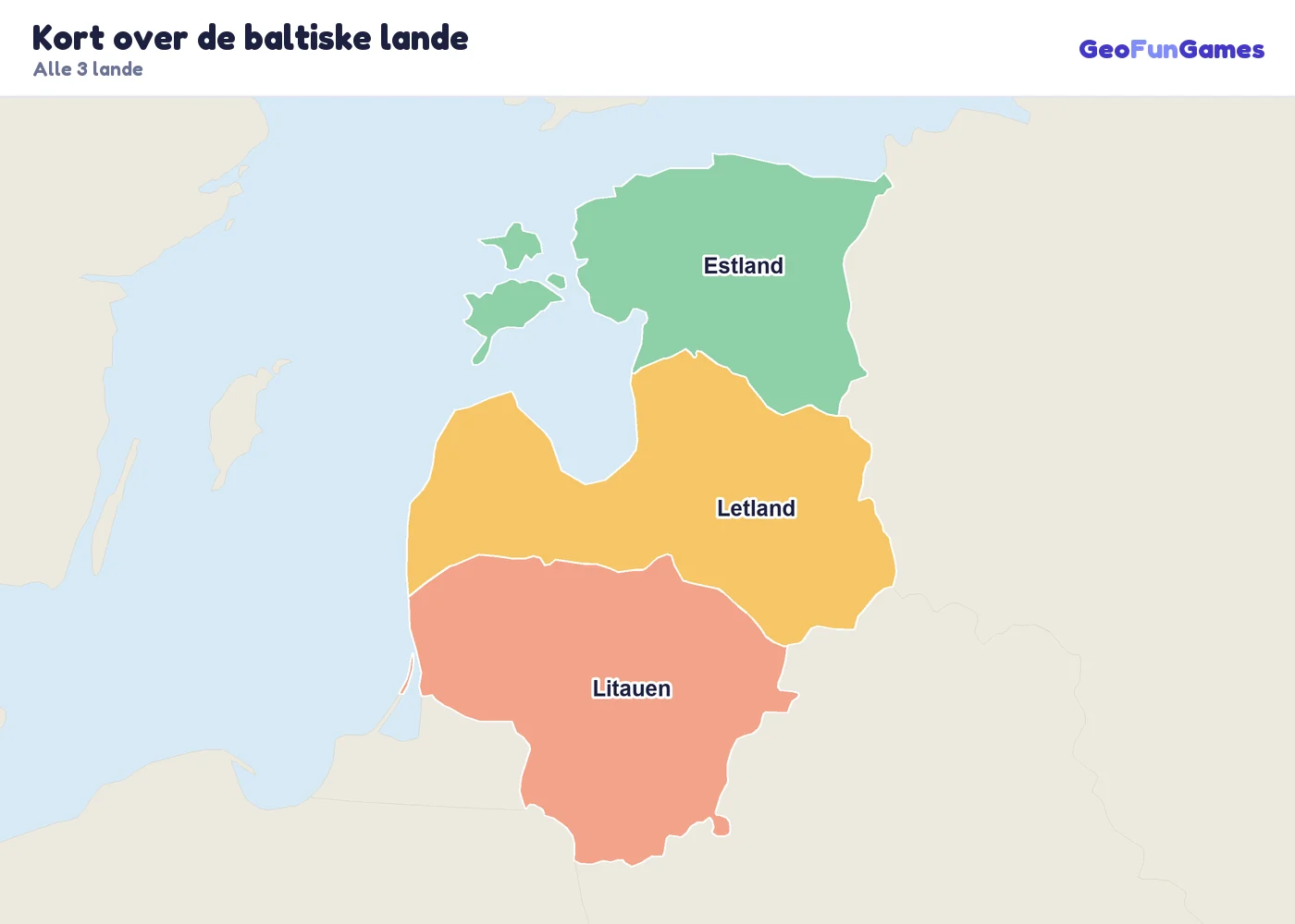 Kort over de baltiske lande med landenes navne: Estland, Letland, Litauen