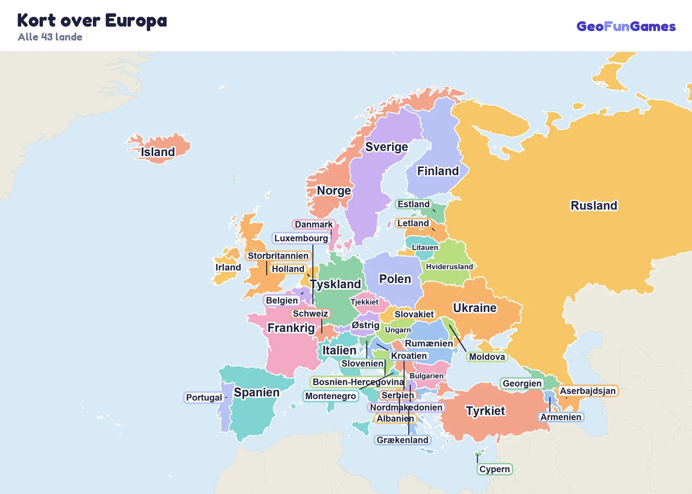 Kort over Europa med landenes navne: Albanien, Østrig, Armenien, Aserbajdsjan, Hviderusland, Belgien, Bosnien-Hercegovina, Bulgarien, Kroatien, Cypern, Tjekkiet, Danmark, Estland, Finland, Frankrig, Georgien, Tyskland, Grækenland, Ungarn, Island, Irland, Italien, Letland, Litauen, Luxembourg, Moldova, Montenegro, Holland, Nordmakedonien, Norge, Polen, Portugal, Rumænien, Rusland, Serbien, Slovakiet, Slovenien, Spanien, Sverige, Schweiz, Tyrkiet, Ukraine, Storbritannien