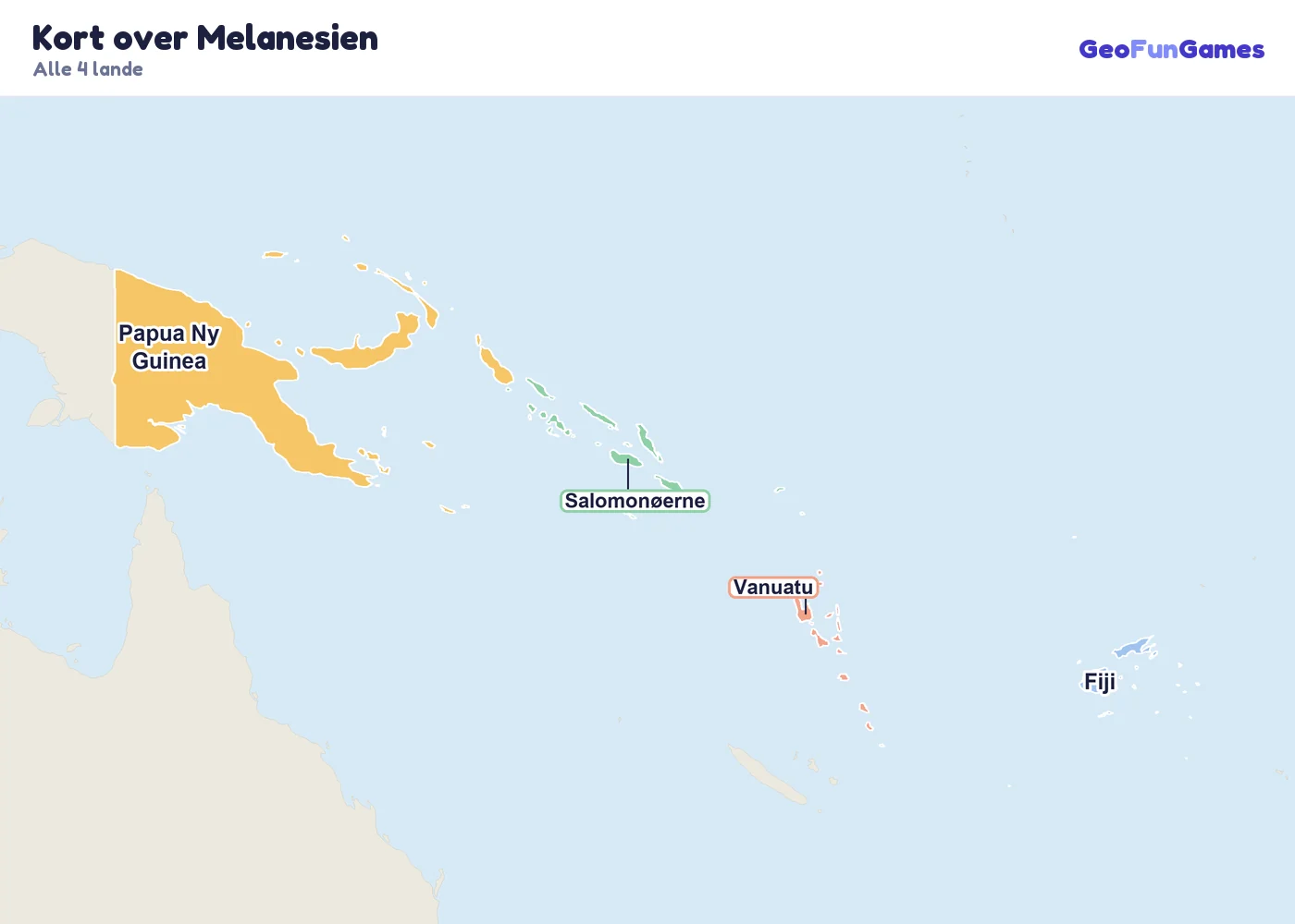 Kort over Melanesien med landenes navne: Fiji, Papua Ny Guinea, Salomonøerne, Vanuatu
