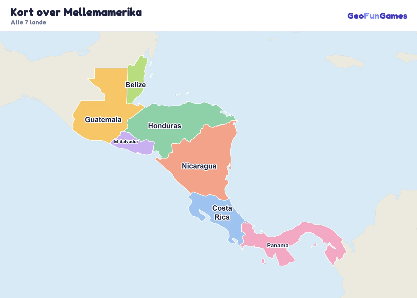 Kort over Mellemamerika med landenes navne: Belize, Guatemala, El Salvador, Honduras, Nicaragua, Costa Rica, Panama