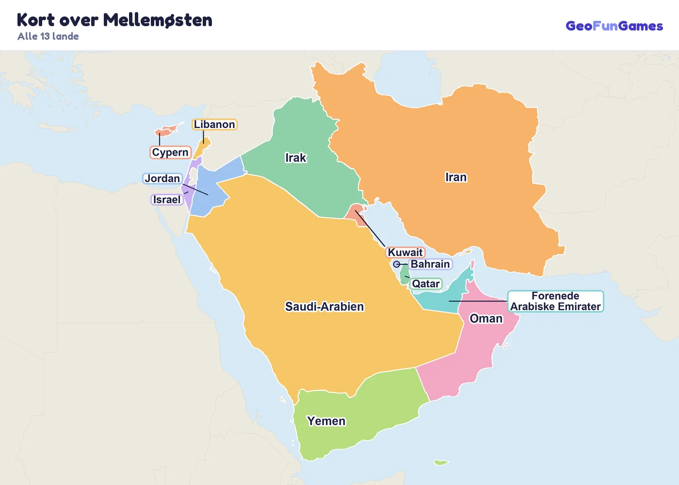 Kort over Mellemøsten med landenes navne: Saudi-Arabien, Iran, Irak, Yemen, Oman, Forenede Arabiske Emirater, Kuwait, Qatar, Bahrain, Jordan, Israel, Libanon, Cypern