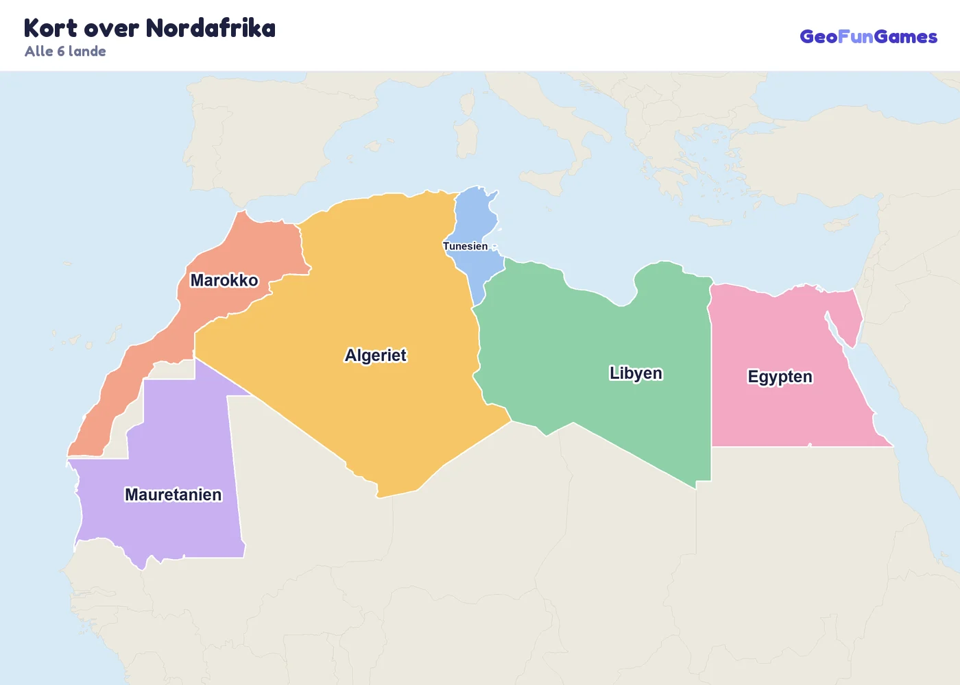 Kort over Nordafrika med landenes navne: Algeriet, Egypten, Libyen, Marokko, Tunesien, Mauretanien