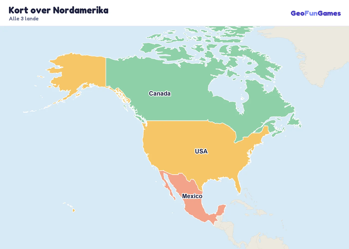 Kort over Nordamerika med landenes navne: Canada, USA, Mexico