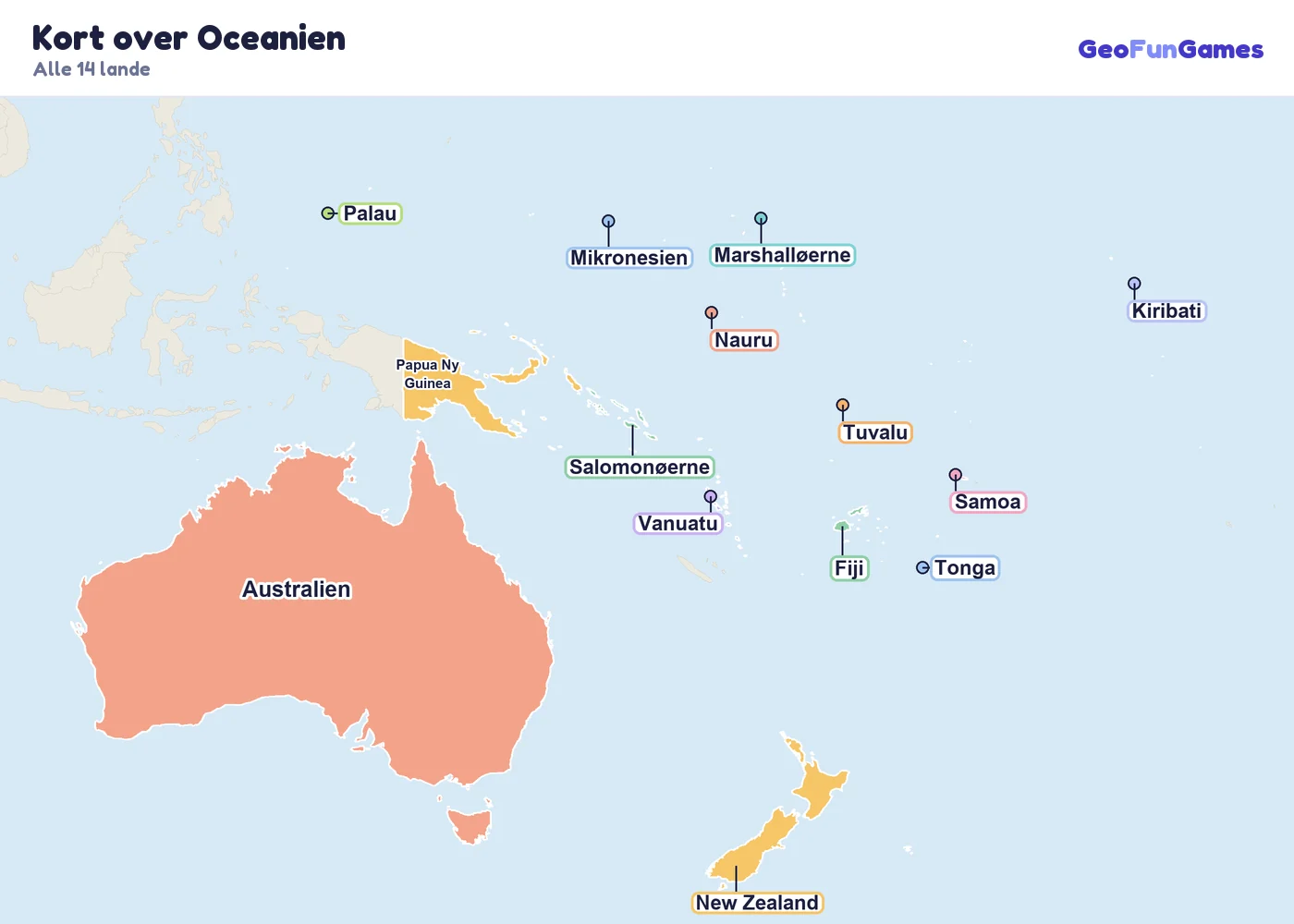 Kort over Oceanien med landenes navne: Australien, Fiji, Kiribati, Marshalløerne, Mikronesien, Nauru, New Zealand, Palau, Papua Ny Guinea, Samoa, Salomonøerne, Tonga, Tuvalu, Vanuatu