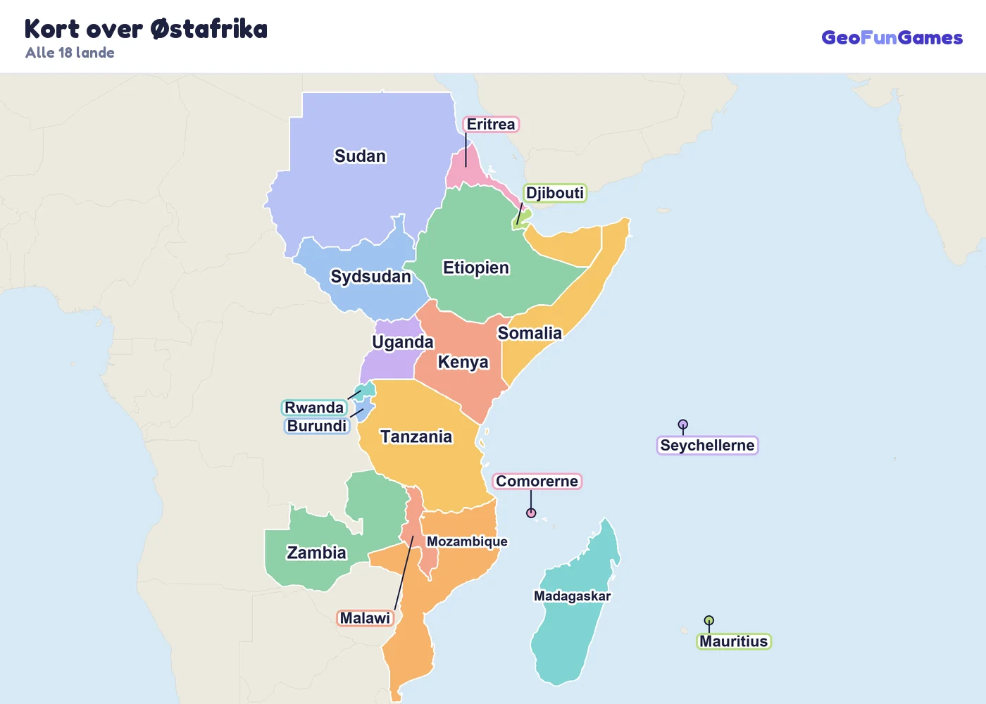 Kort over Østafrika med landenes navne: Etiopien, Kenya, Tanzania, Uganda, Somalia, Sudan, Sydsudan, Eritrea, Djibouti, Rwanda, Burundi, Malawi, Mozambique, Zambia, Madagaskar, Mauritius, Seychellerne, Comorerne