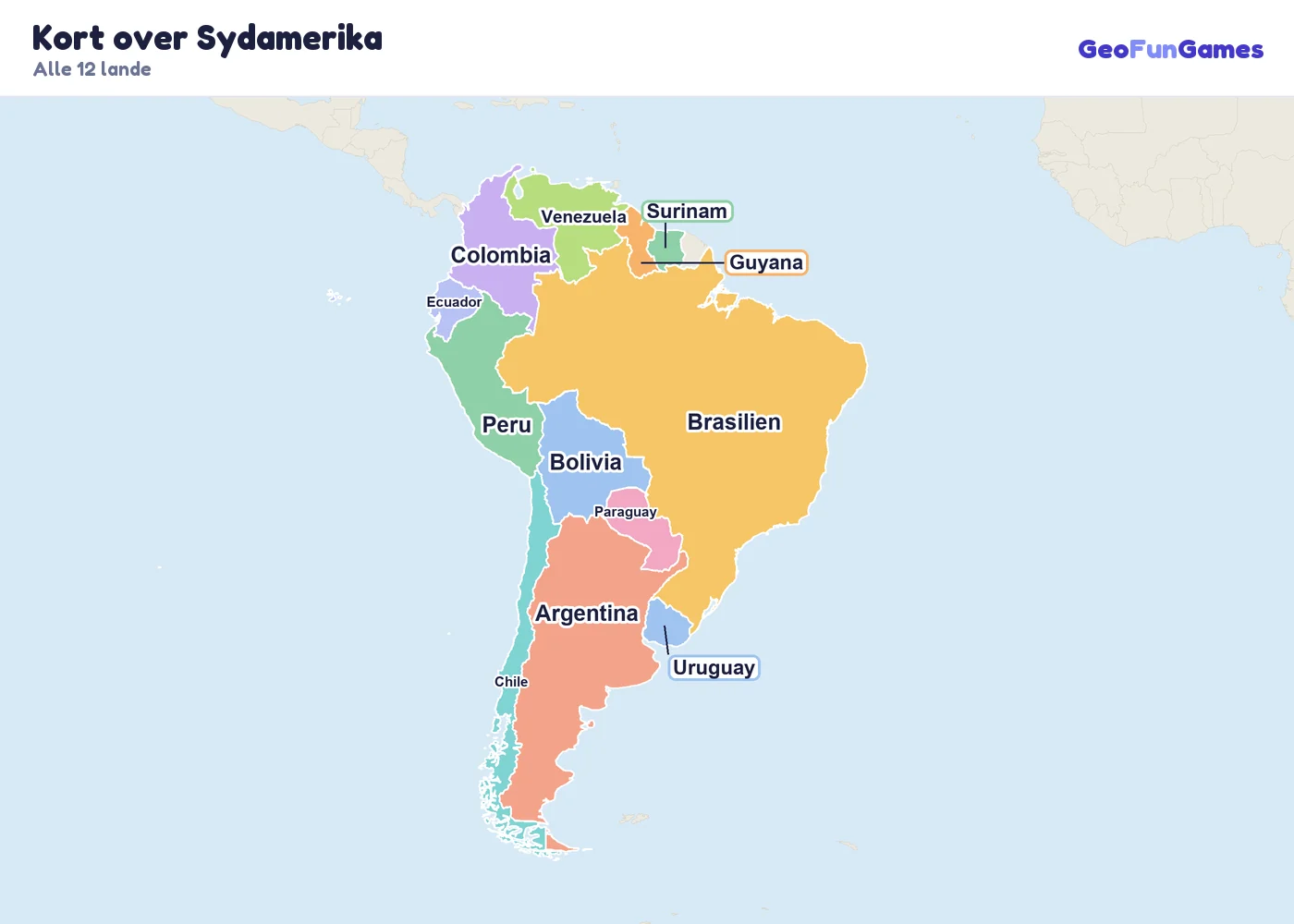 Kort over Sydamerika med landenes navne: Argentina, Bolivia, Brasilien, Chile, Colombia, Ecuador, Guyana, Paraguay, Peru, Surinam, Uruguay, Venezuela