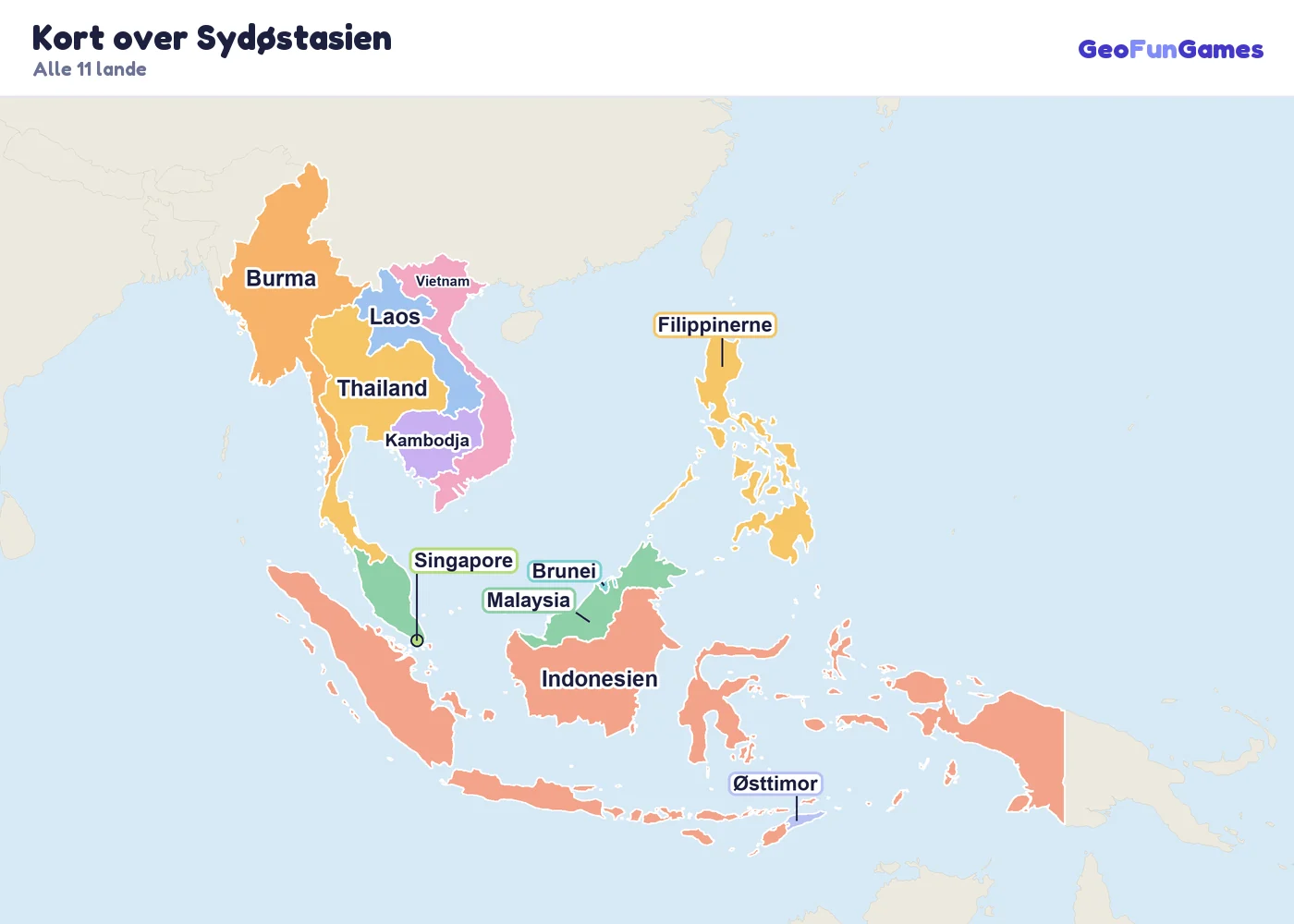 Kort over Sydøstasien med landenes navne: Burma, Thailand, Laos, Kambodja, Vietnam, Malaysia, Singapore, Brunei, Indonesien, Filippinerne, Østtimor