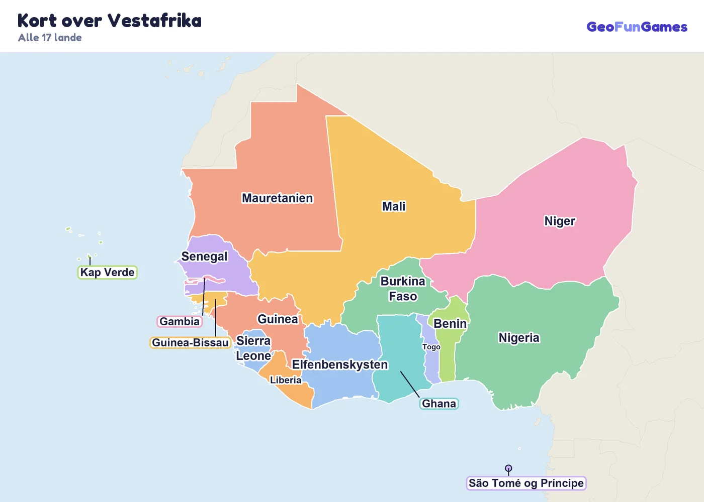 Kort over Vestafrika med landenes navne: Nigeria, Ghana, Senegal, Mali, Niger, Burkina Faso, Elfenbenskysten, Guinea, Gambia, Liberia, Sierra Leone, Togo, Benin, Kap Verde, Guinea-Bissau, Mauretanien, São Tomé og Príncipe