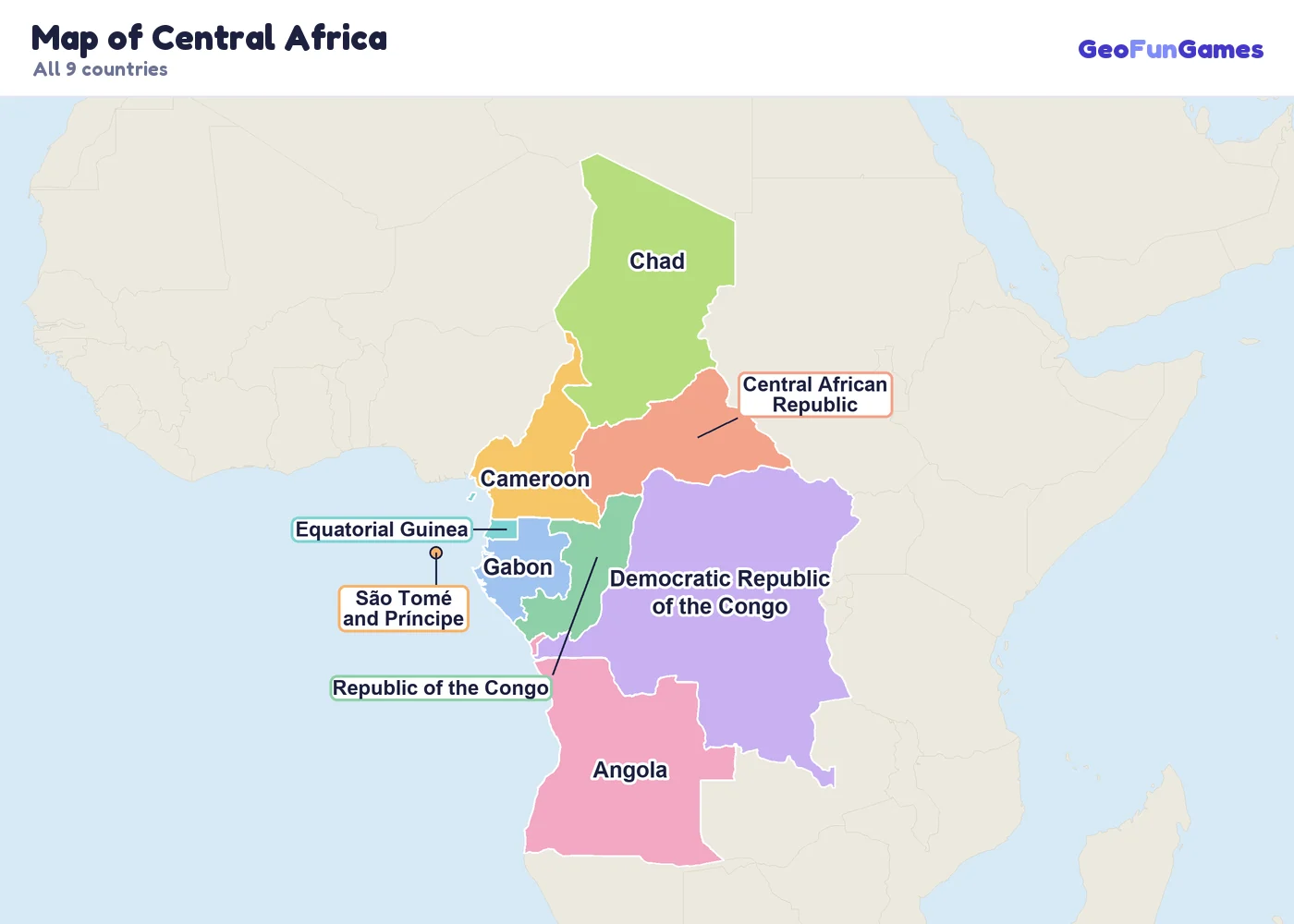 Map of Central Africa with country names: Cameroon, Central African Republic, Chad, Democratic Republic of the Congo, Republic of the Congo, Equatorial Guinea, Gabon, São Tomé and Príncipe, Angola