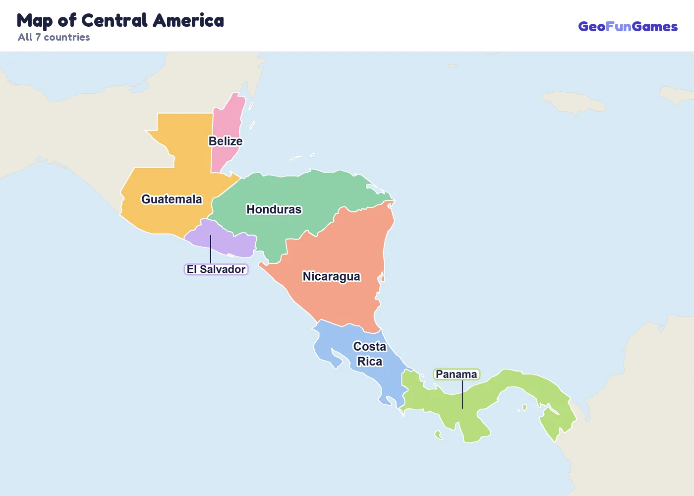 Map of Central America with country names: Belize, Guatemala, El Salvador, Honduras, Nicaragua, Costa Rica, Panama