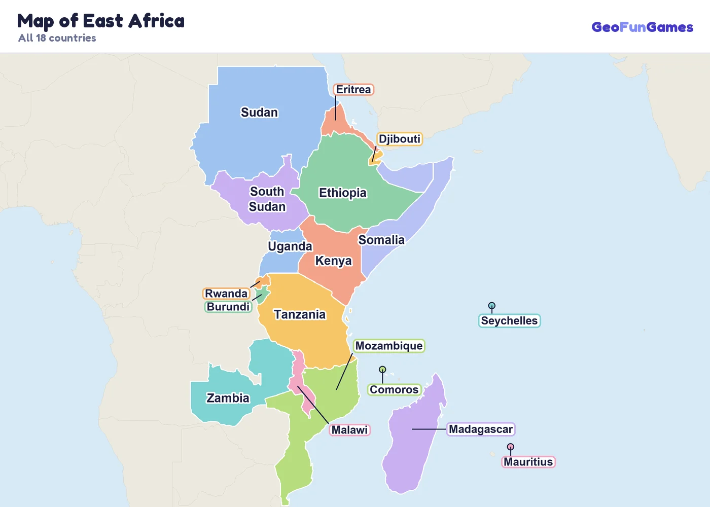 Map of East Africa with the names of all 18 countries: Ethiopia, Kenya, Tanzania, Uganda, Somalia, Sudan, South Sudan, Eritrea, Djibouti, Rwanda, Burundi, Malawi, Mozambique, Zambia, Madagascar, Mauritius, Seychelles, Comoros