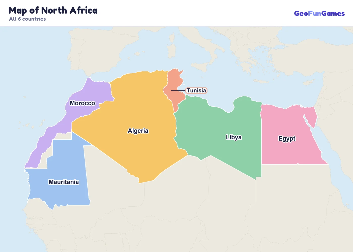 Map of North Africa with country names: Algeria, Egypt, Libya, Morocco, Tunisia, Mauritania