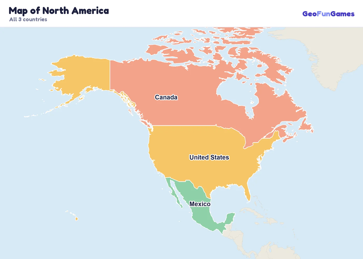 Map of North America with country names: Canada, United States, Mexico