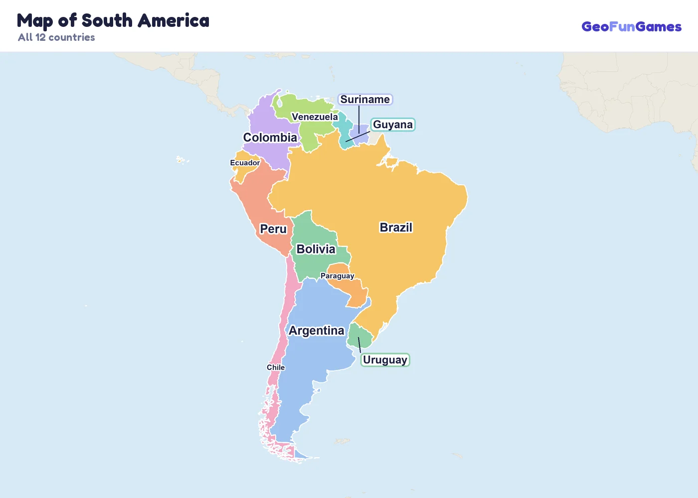 Map of South America with country names: Argentina, Bolivia, Brazil, Chile, Colombia, Ecuador, Guyana, Paraguay, Peru, Suriname, Uruguay, Venezuela