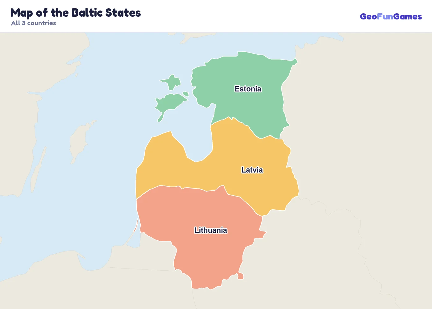 Map of the Baltic States with country names: Estonia, Latvia, Lithuania