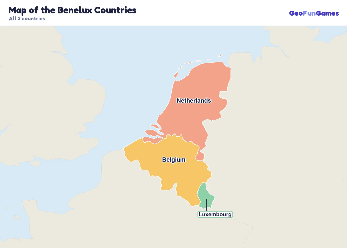 Map of the Benelux Countries with country names: Belgium, Netherlands, Luxembourg