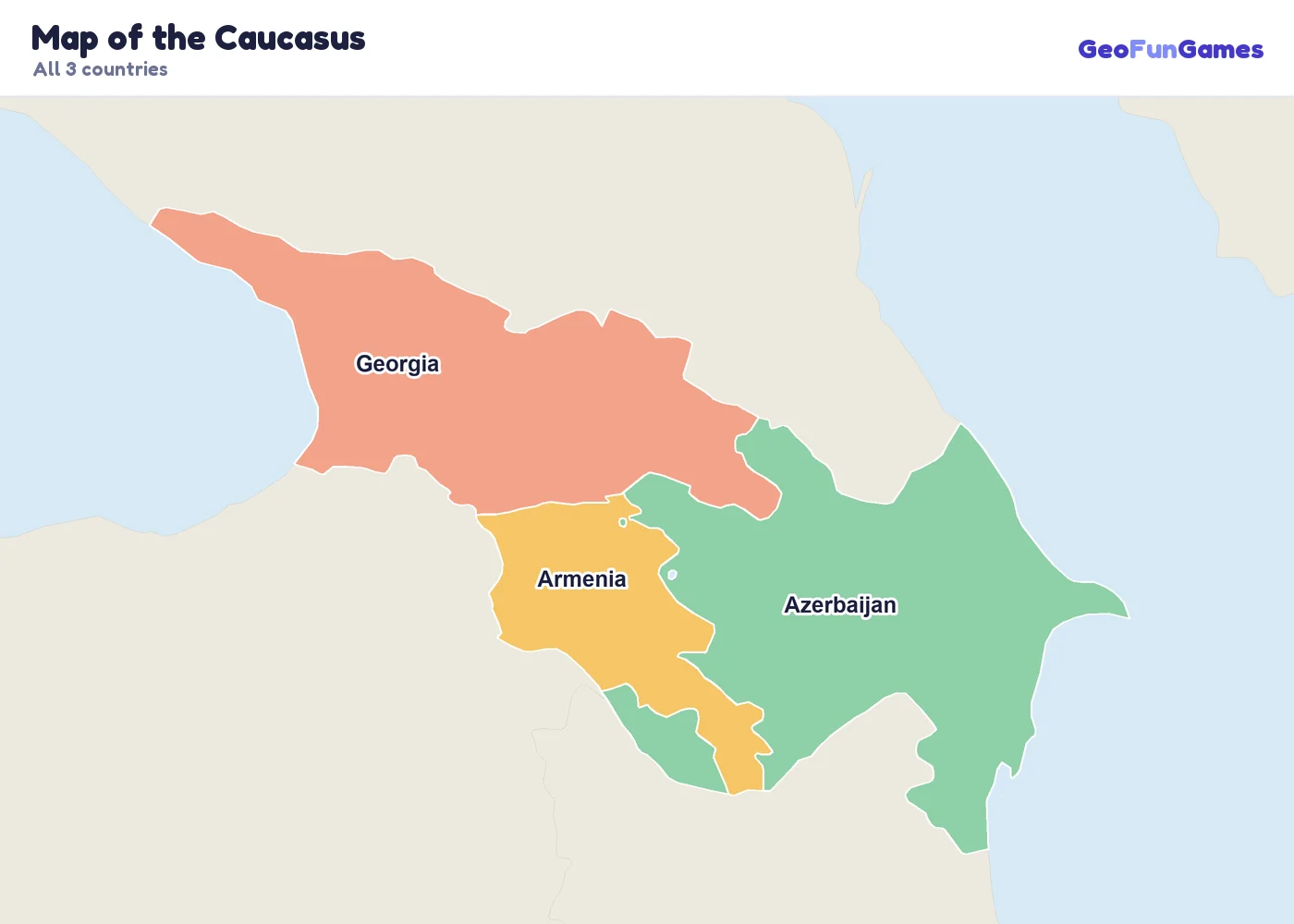 Map of the Caucasus with country names: Armenia, Azerbaijan, Georgia