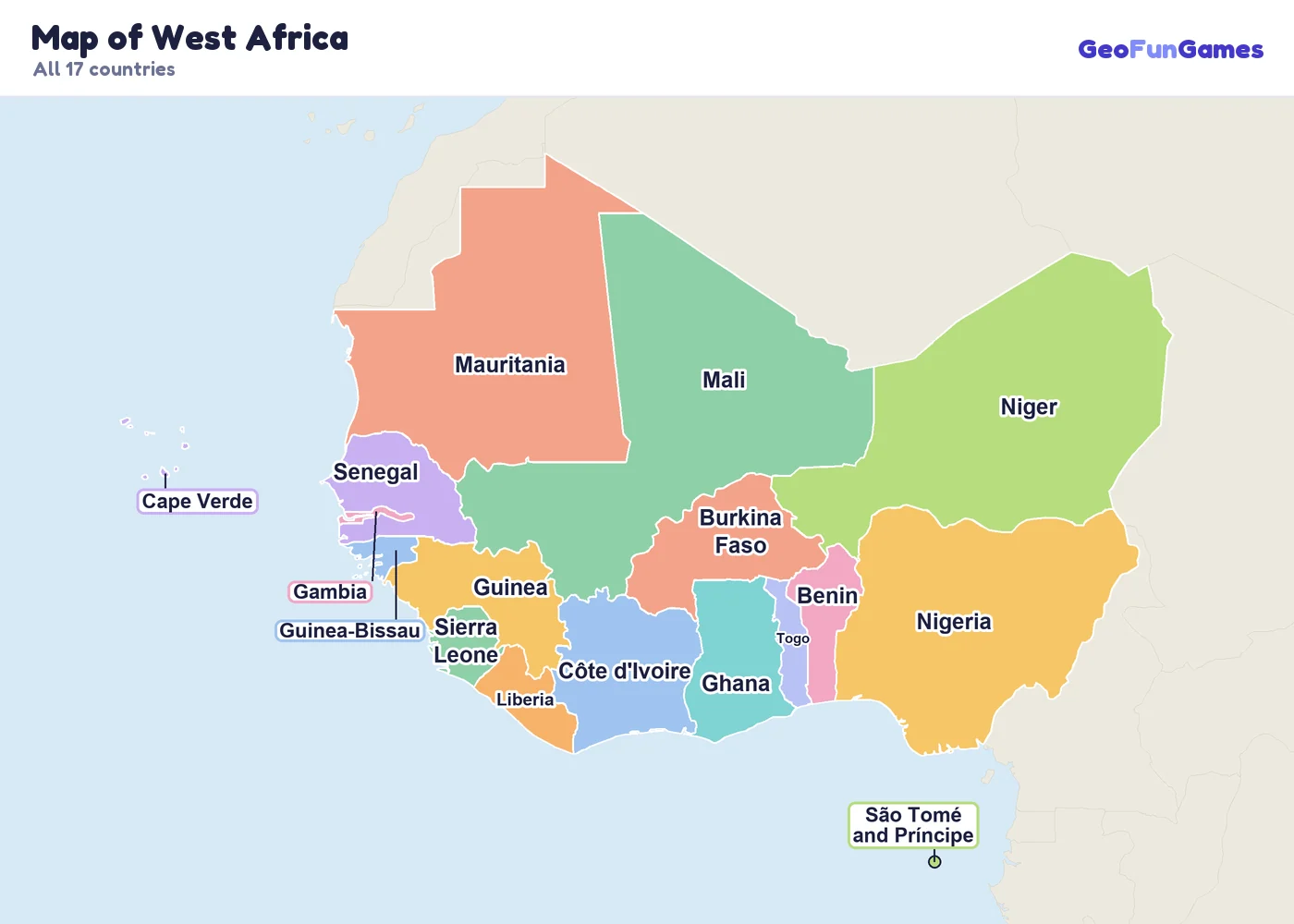 Map of West Africa with country names: Nigeria, Ghana, Senegal, Mali, Niger, Burkina Faso, Côte d'Ivoire, Guinea, Gambia, Liberia, Sierra Leone, Togo, Benin, Cape Verde, Guinea-Bissau, Mauritania, São Tomé and Príncipe