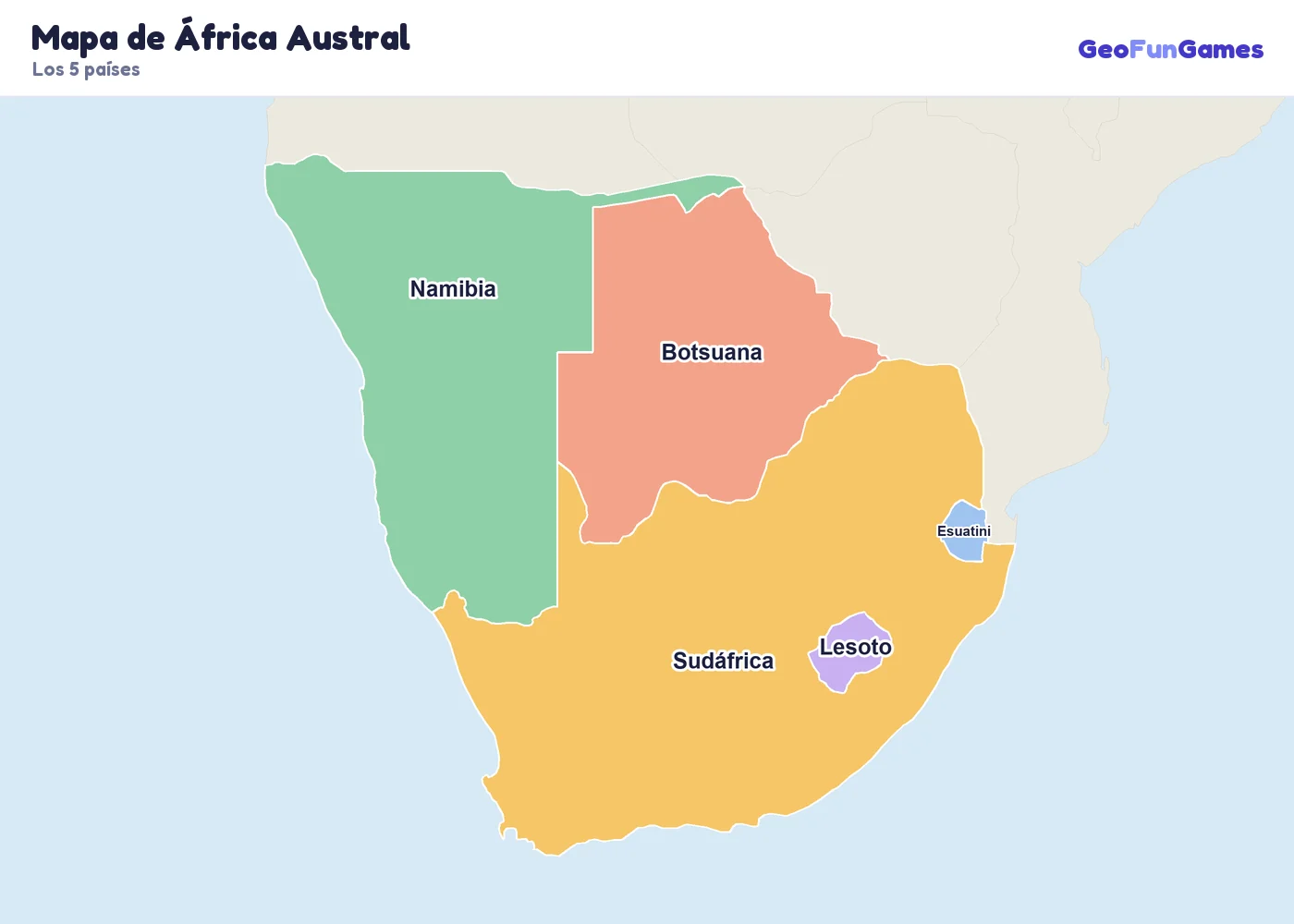 Mapa de África Austral con los nombres de los países: Sudáfrica, Botsuana, Namibia, Lesoto, Esuatini