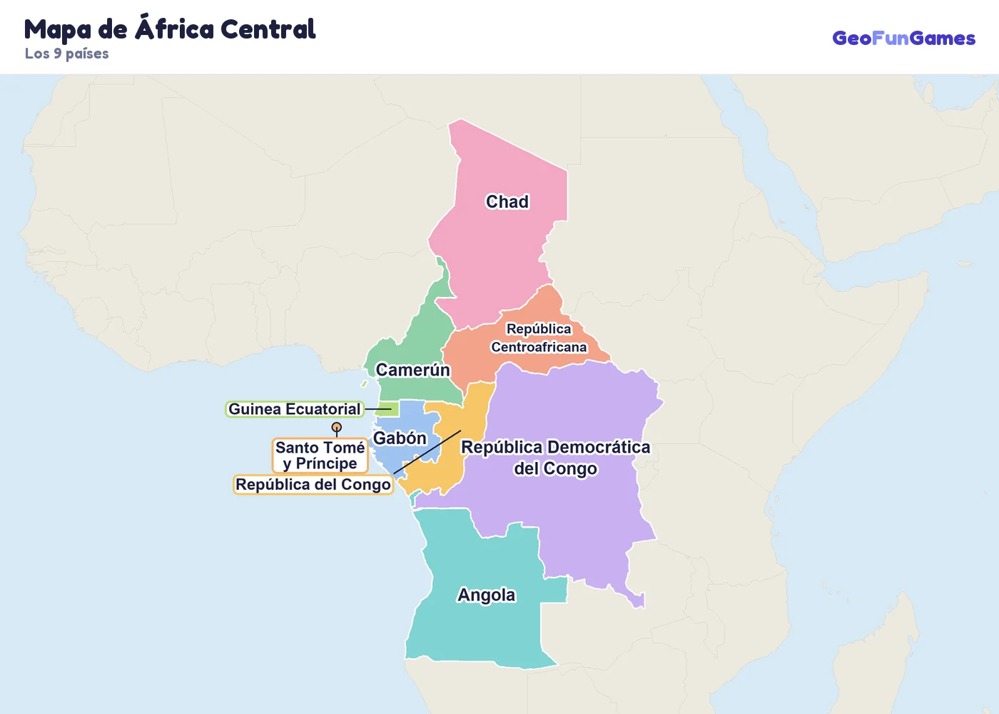 Mapa de África Central con los nombres de los países: Camerún, República Centroafricana, Chad, República Democrática del Congo, República del Congo, Guinea Ecuatorial, Gabón, Santo Tomé y Príncipe, Angola