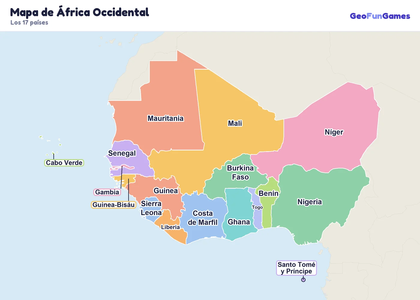 Mapa de África Occidental con los nombres de los países: Nigeria, Ghana, Senegal, Mali, Níger, Burkina Faso, Costa de Marfil, Guinea, Gambia, Liberia, Sierra Leona, Togo, Benín, Cabo Verde, Guinea-Bisáu, Mauritania, Santo Tomé y Príncipe