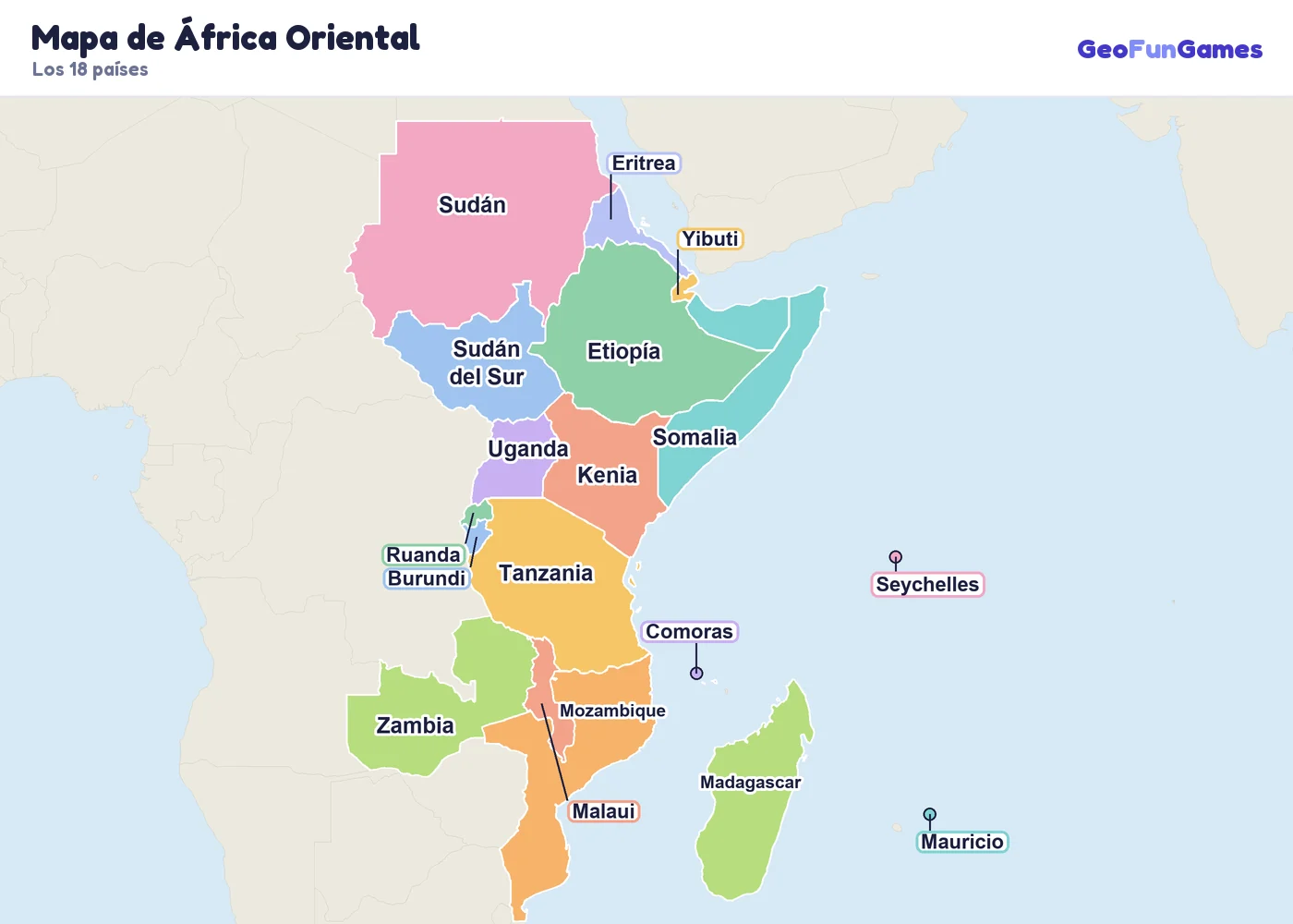 Mapa de África Oriental con los nombres de los países: Etiopía, Kenia, Tanzania, Uganda, Somalia, Sudán, Sudán del Sur, Eritrea, Yibuti, Ruanda, Burundi, Malaui, Mozambique, Zambia, Madagascar, Mauricio, Seychelles, Comoras