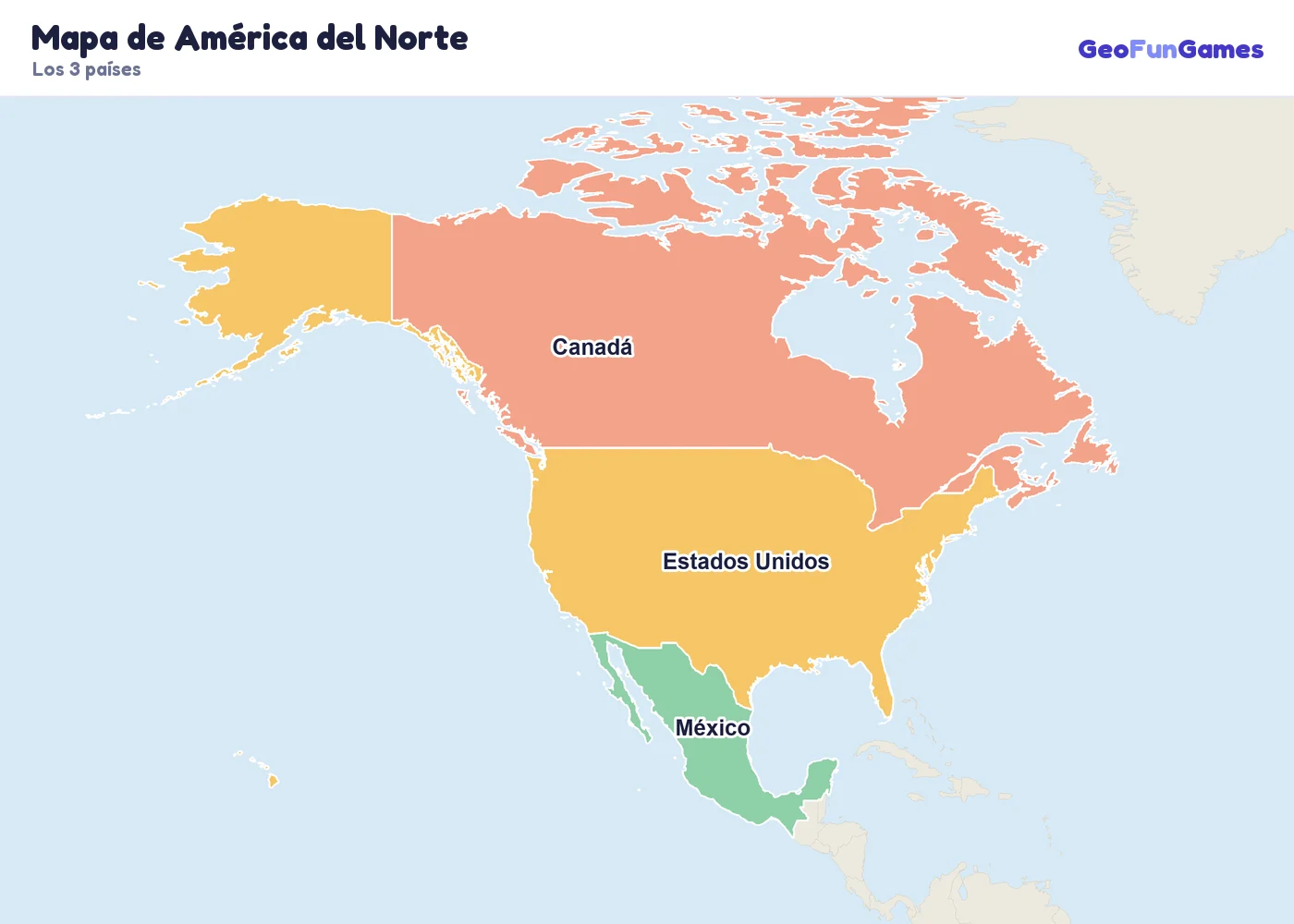 Mapa de América del Norte con los nombres de los países: Canadá, Estados Unidos, México