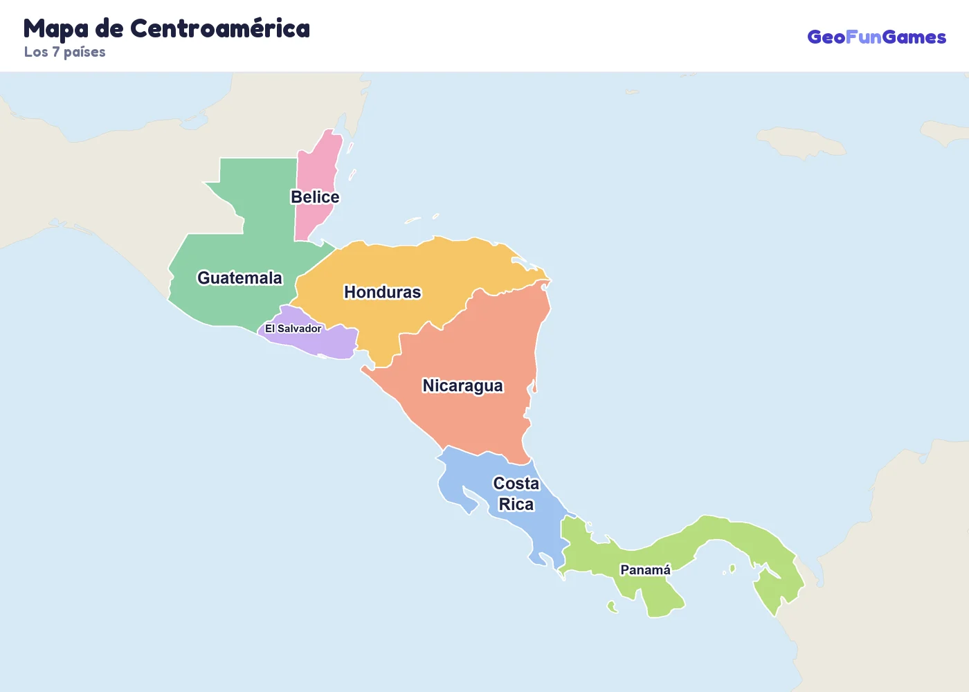 Mapa de Centroamérica con los nombres de los países: Belice, Guatemala, El Salvador, Honduras, Nicaragua, Costa Rica, Panamá