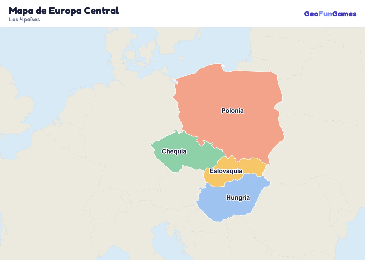 Mapa de Europa Central con los nombres de los países: Chequia, Hungría, Polonia, Eslovaquia