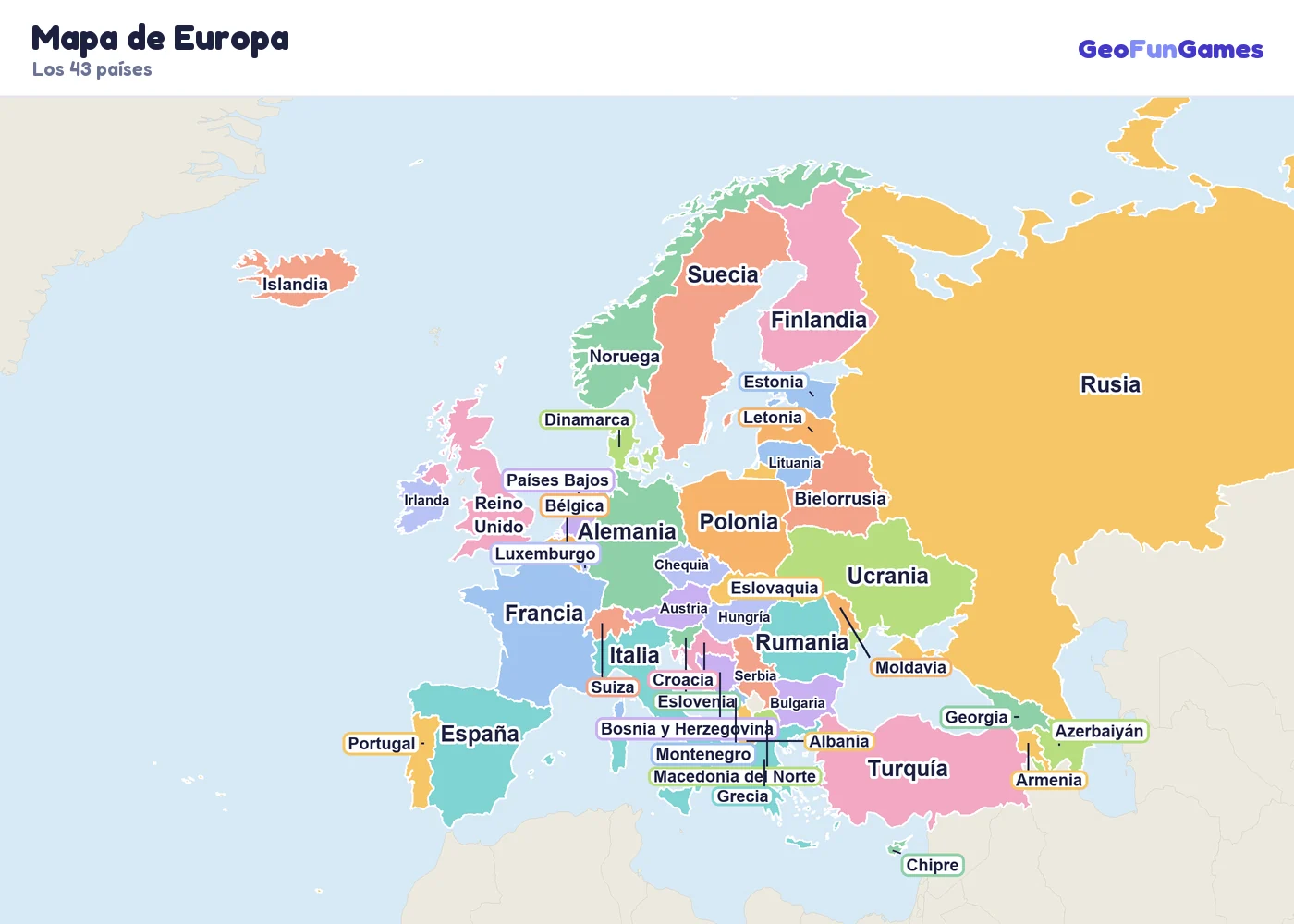 Mapa de Europa con los nombres de los países: Albania, Austria, Armenia, Azerbaiyán, Bielorrusia, Bélgica, Bosnia y Herzegovina, Bulgaria, Croacia, Chipre, Chequia, Dinamarca, Estonia, Finlandia, Francia, Georgia, Alemania, Grecia, Hungría, Islandia, Irlanda, Italia, Letonia, Lituania, Luxemburgo, Moldavia, Montenegro, Países Bajos, Macedonia del Norte, Noruega, Polonia, Portugal, Rumania, Rusia, Serbia, Eslovaquia, Eslovenia, España, Suecia, Suiza, Turquía, Ucrania, Reino Unido