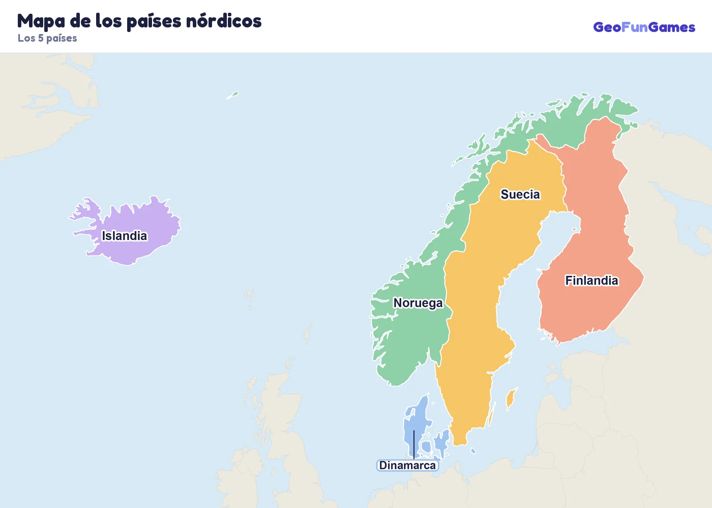 Mapa de los países nórdicos con los nombres de los países: Dinamarca, Finlandia, Islandia, Noruega, Suecia