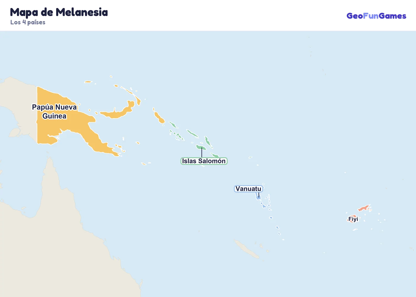 Mapa de Melanesia con los nombres de los países: Fiyi, Papúa Nueva Guinea, Islas Salomón, Vanuatu