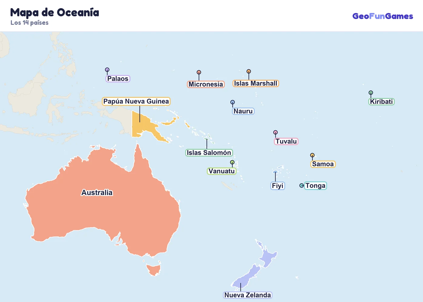 Mapa de Oceanía con los nombres de los países: Australia, Fiyi, Kiribati, Islas Marshall, Micronesia, Nauru, Nueva Zelanda, Palaos, Papúa Nueva Guinea, Samoa, Islas Salomón, Tonga, Tuvalu, Vanuatu