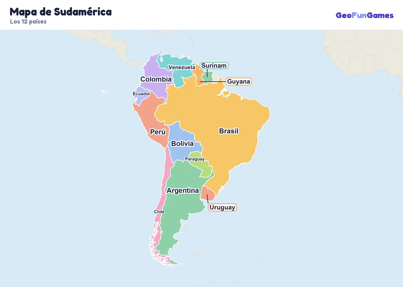 Mapa de Sudamérica con los nombres de los países: Argentina, Bolivia, Brasil, Chile, Colombia, Ecuador, Guyana, Paraguay, Perú, Surinam, Uruguay, Venezuela