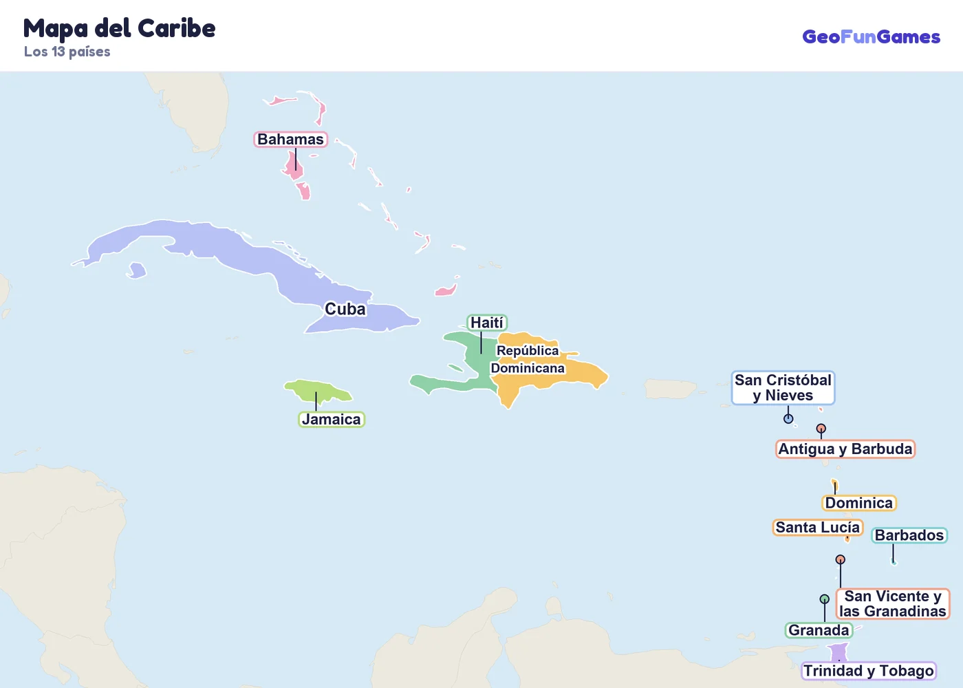 Mapa del Caribe con los nombres de los 13 países: Cuba, Jamaica, Haití, República Dominicana, Bahamas, Trinidad y Tobago, Barbados, Santa Lucía, Granada, San Vicente y las Granadinas, Dominica, Antigua y Barbuda, San Cristóbal y Nieves