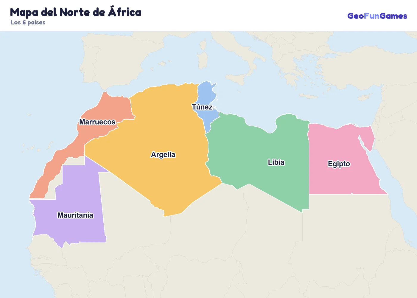 Mapa del Norte de África con los nombres de los países: Argelia, Egipto, Libia, Marruecos, Túnez, Mauritania