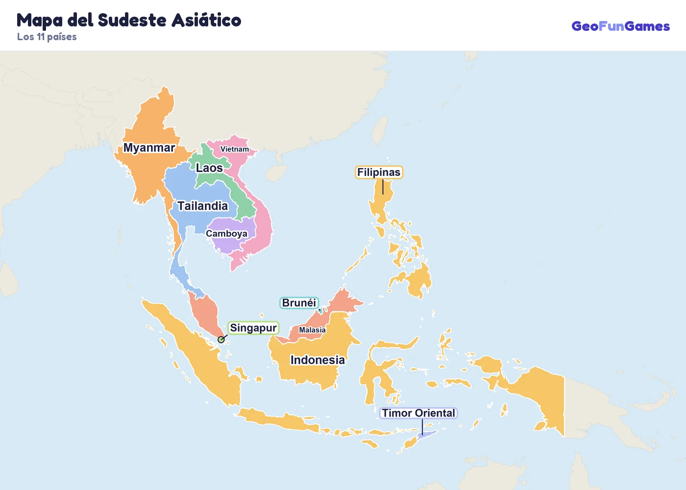 Mapa del Sudeste Asiático con los nombres de los países: Myanmar, Tailandia, Laos, Camboya, Vietnam, Malasia, Singapur, Brunéi, Indonesia, Filipinas, Timor Oriental