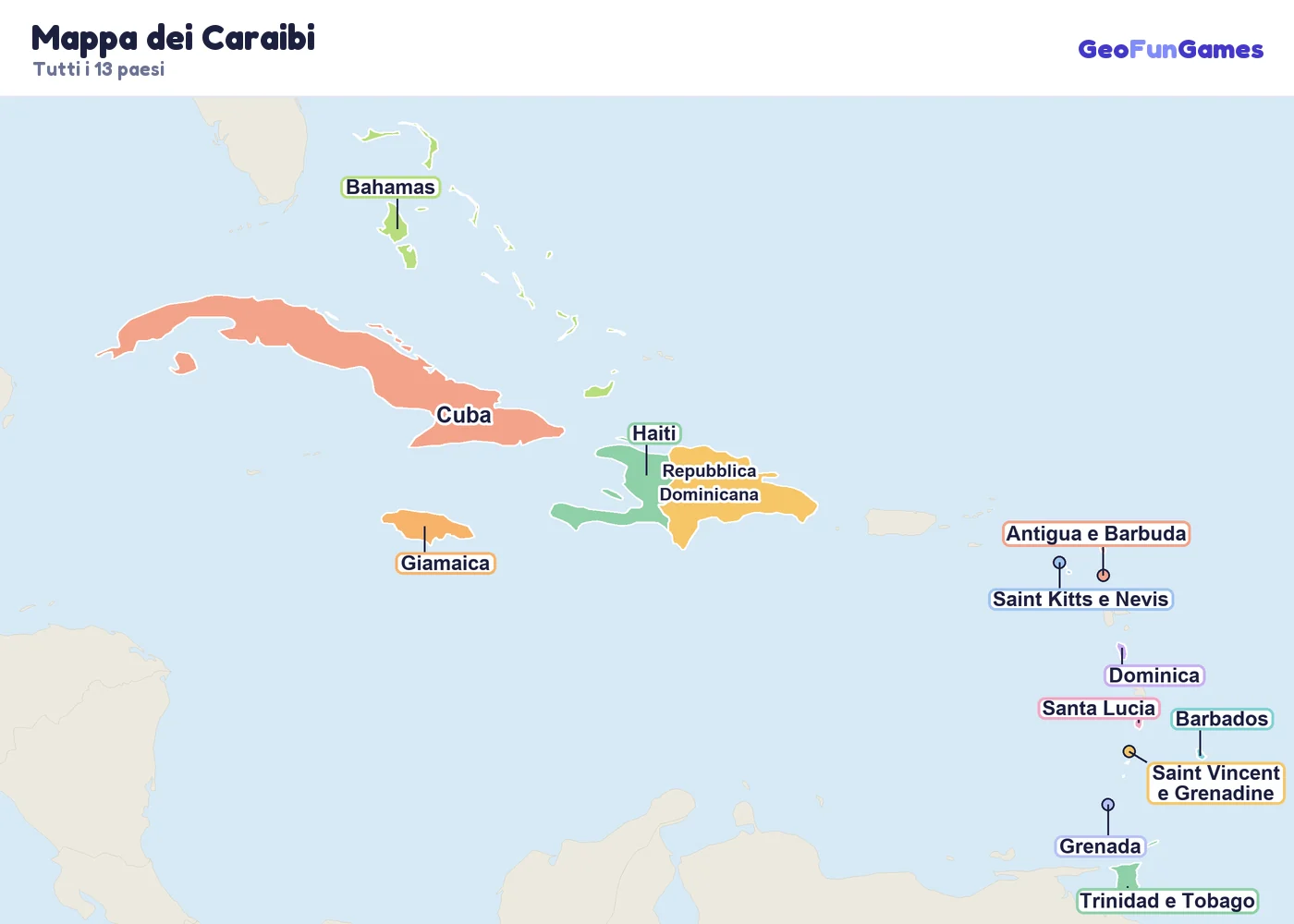 Mappa dei Caraibi con i nomi dei paesi: Cuba, Giamaica, Haiti, Repubblica Dominicana, Bahamas, Trinidad e Tobago, Barbados, Santa Lucia, Grenada, Saint Vincent e Grenadine, Dominica, Antigua e Barbuda, Saint Kitts e Nevis