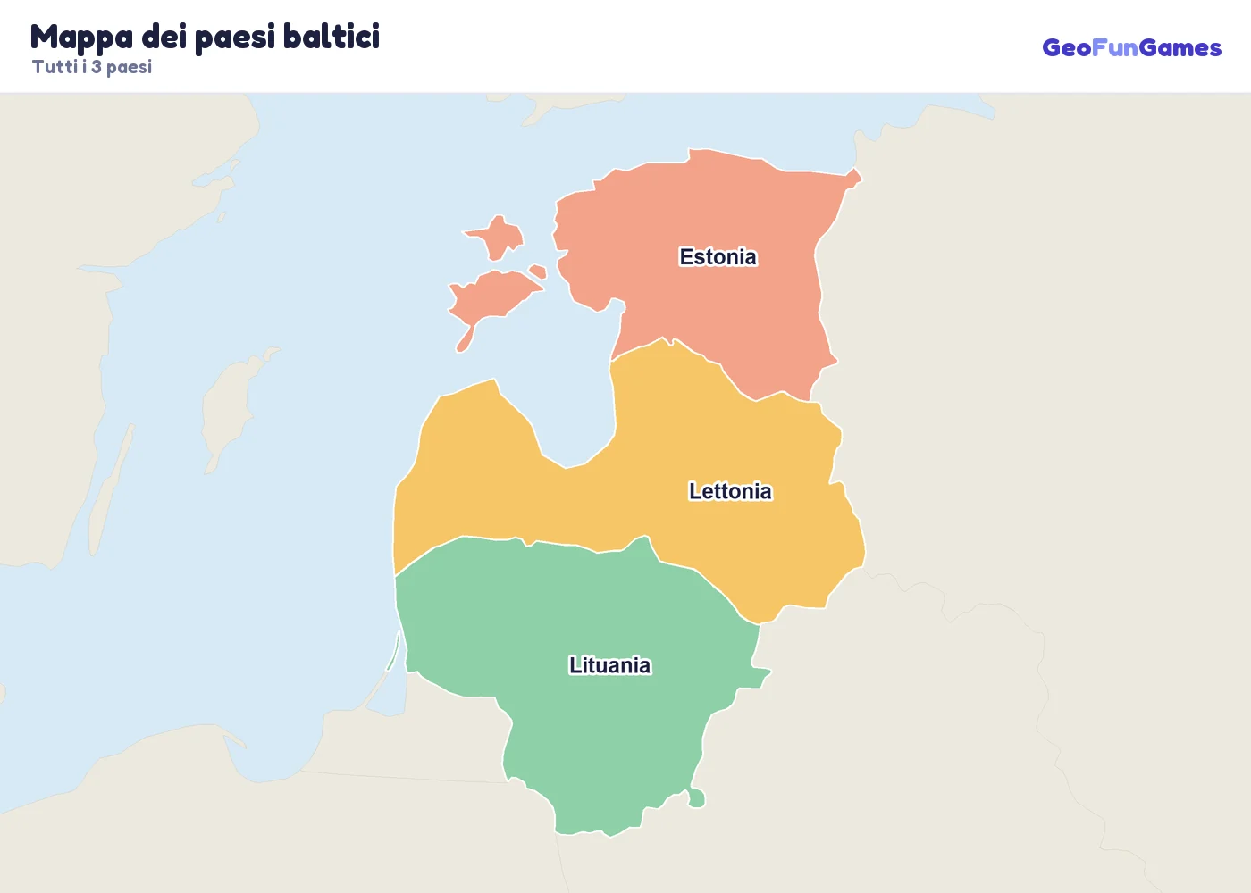Mappa dei paesi baltici con i nomi dei paesi: Estonia, Lettonia, Lituania