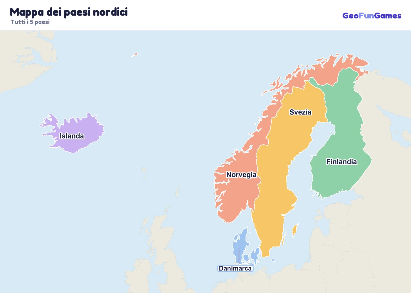 Mappa dei paesi nordici con i nomi dei paesi: Danimarca, Finlandia, Islanda, Norvegia, Svezia