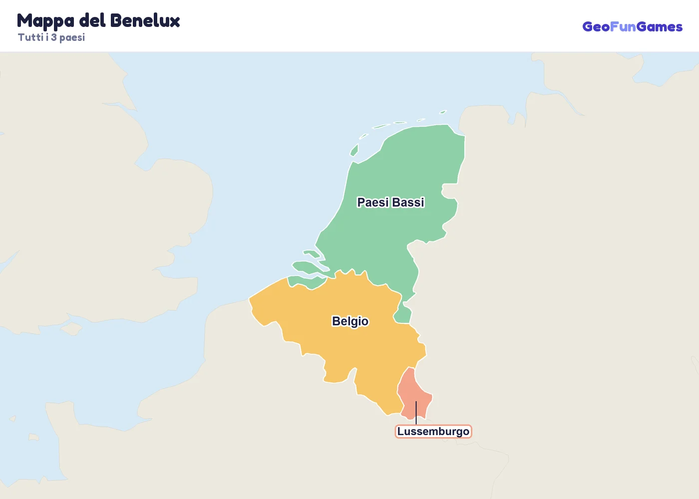 Mappa del Benelux con i nomi dei paesi: Belgio, Paesi Bassi, Lussemburgo