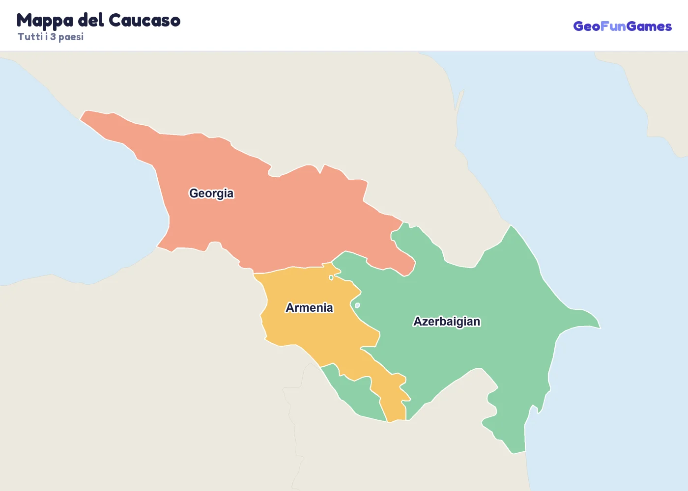 Mappa del Caucaso con i nomi dei paesi: Armenia, Azerbaigian, Georgia