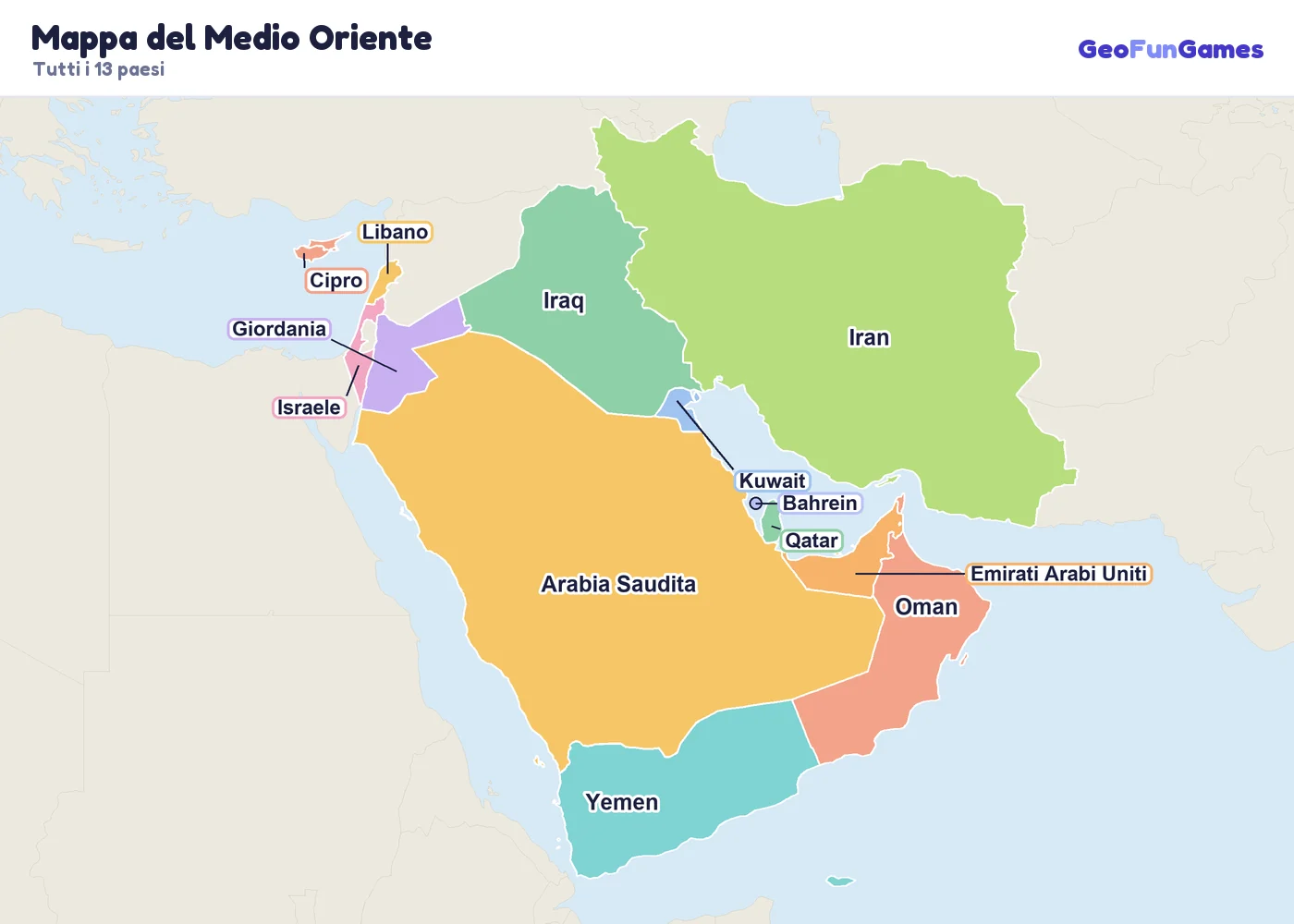 Mappa del Medio Oriente con i nomi dei paesi: Arabia Saudita, Iran, Iraq, Yemen, Oman, Emirati Arabi Uniti, Kuwait, Qatar, Bahrein, Giordania, Israele, Libano, Cipro
