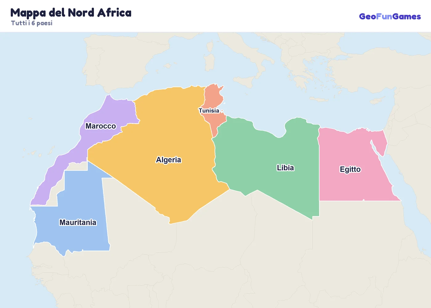 Mappa del Nord Africa con i nomi dei paesi: Algeria, Egitto, Libia, Marocco, Tunisia, Mauritania