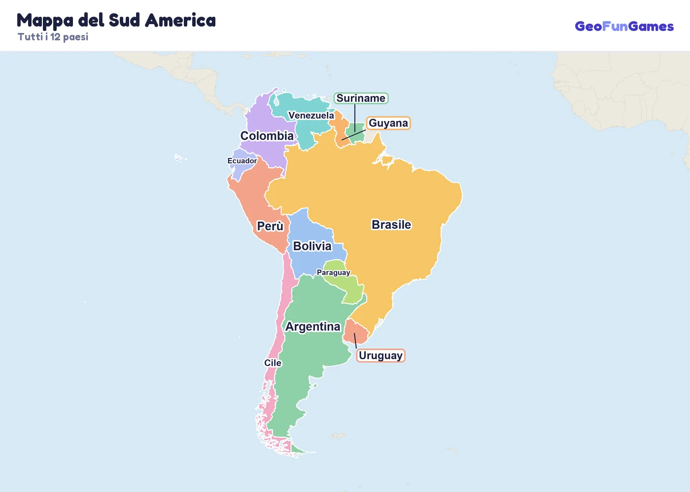 Mappa del Sud America con i nomi dei paesi: Argentina, Bolivia, Brasile, Cile, Colombia, Ecuador, Guyana, Paraguay, Perù, Suriname, Uruguay, Venezuela