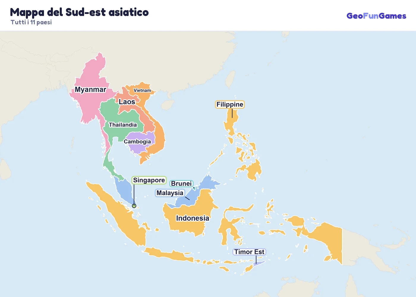 Mappa del Sud-est asiatico con i nomi dei paesi: Myanmar, Thailandia, Laos, Cambogia, Vietnam, Malaysia, Singapore, Brunei, Indonesia, Filippine, Timor Est